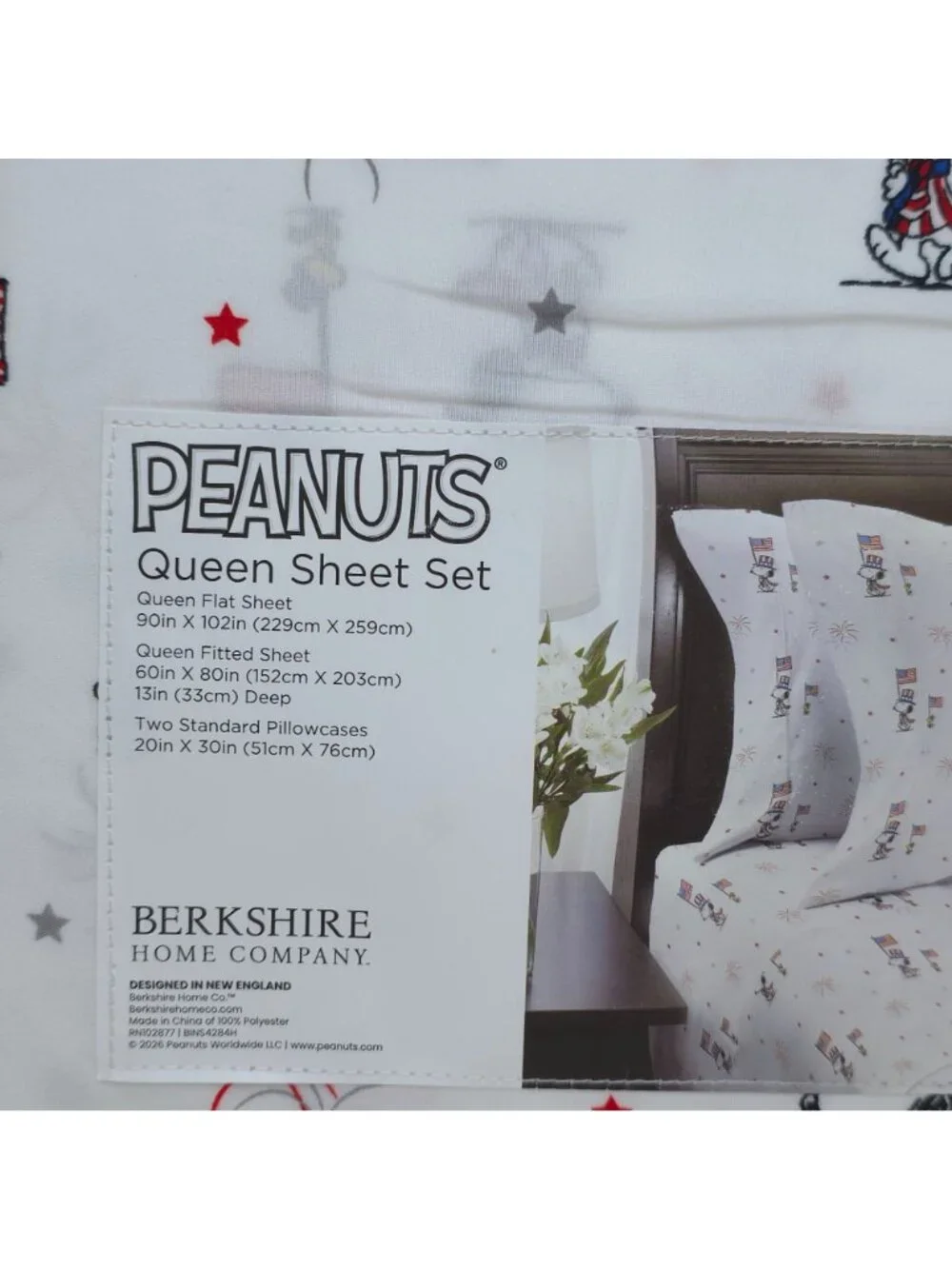 Peanuts 4th of July Queen Sheet Set By Berkshire Snoopy & Woodstock USA Flags